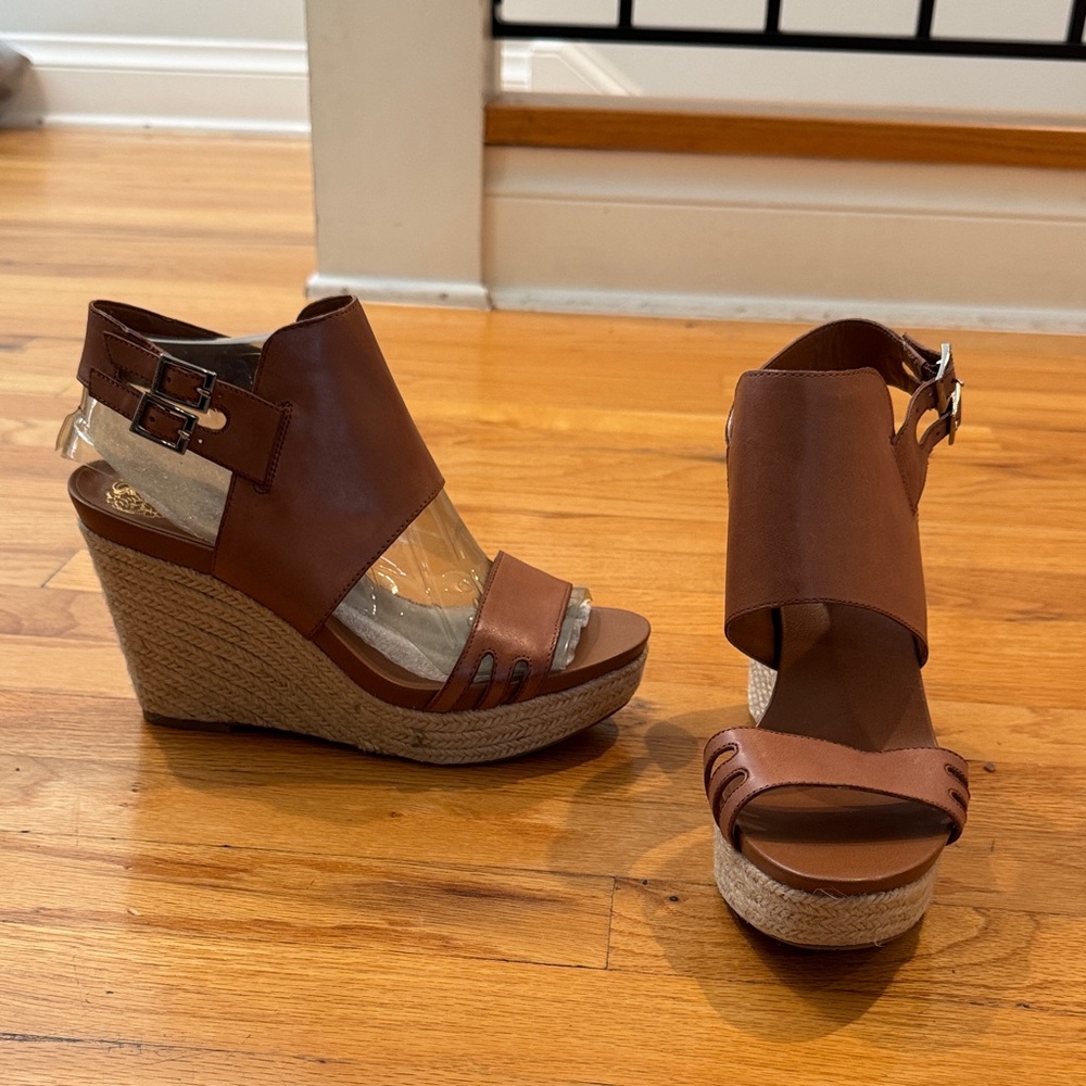Vince Camuto Tan Brown Leather Wedge Sandals